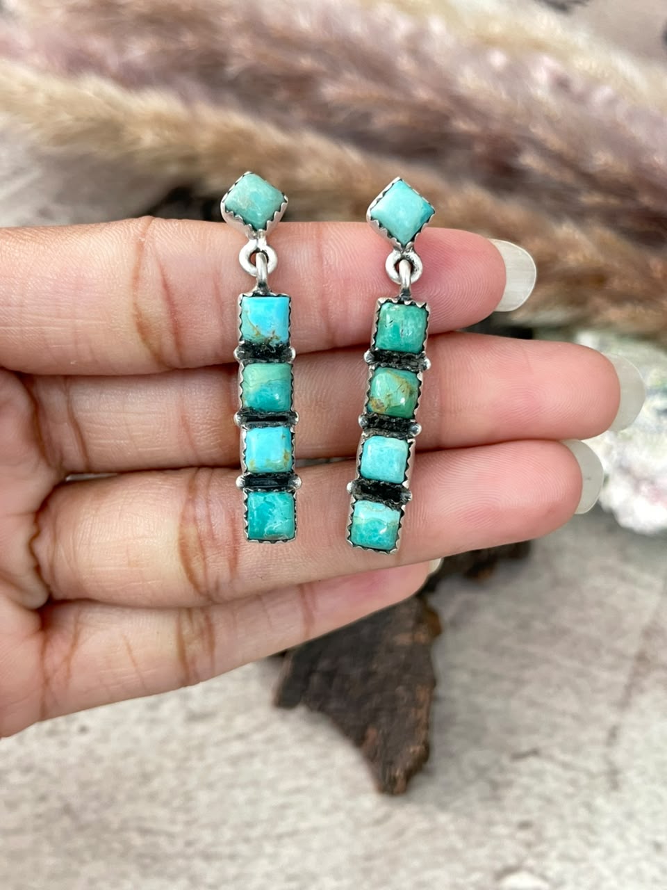 Handmade Sterling Silver Kingman Turquoise Post Dangle Earrings Signed Nizhoni