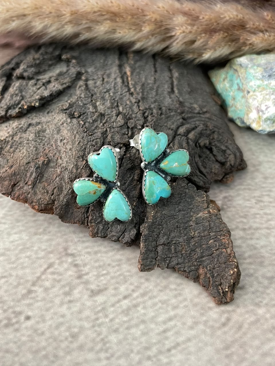 Handmade Sterling Silver Kingman Turquoise Post Studs Heart Earrings Signed Nizhoni