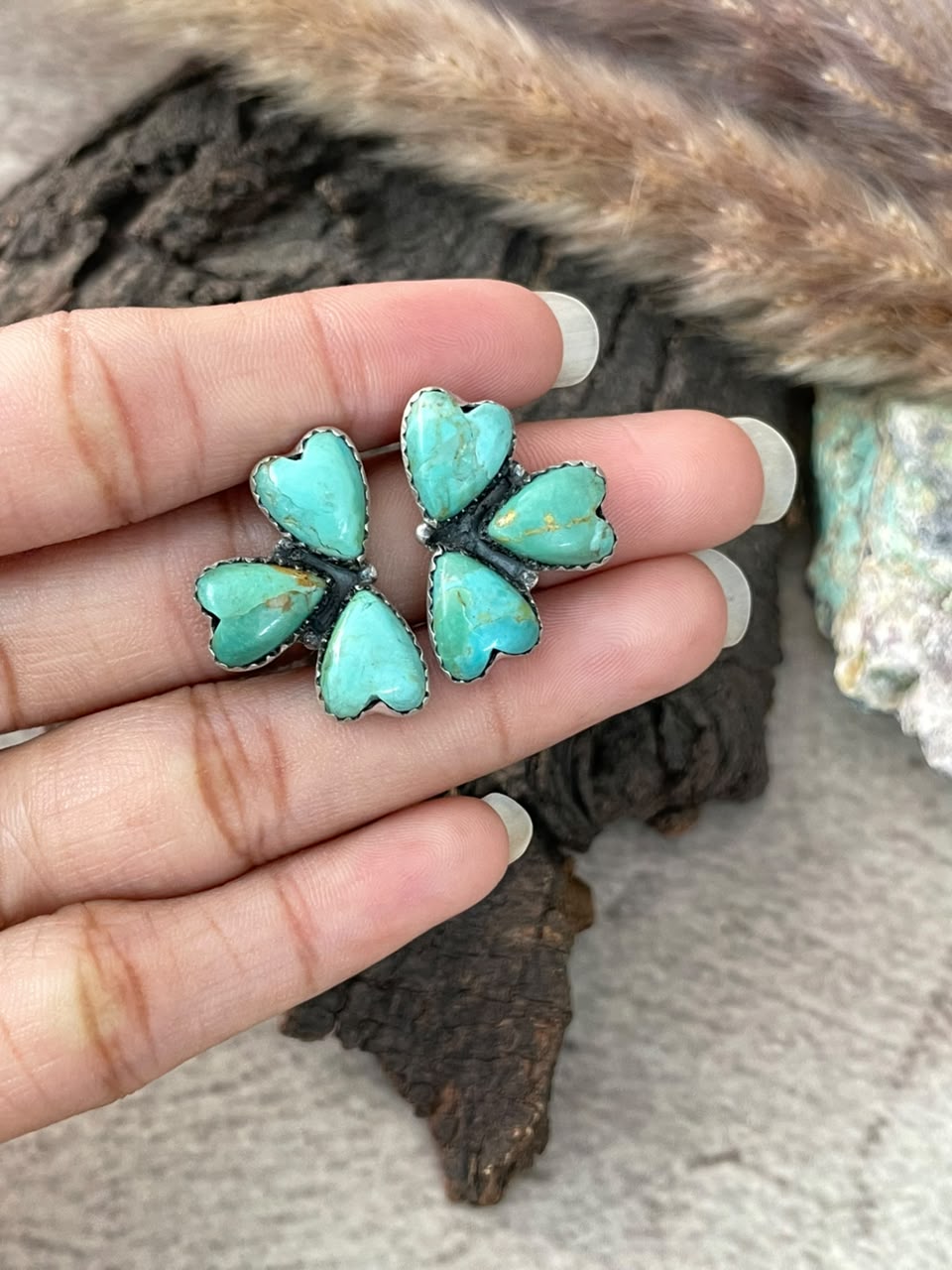 Handmade Sterling Silver Kingman Turquoise Post Studs Heart Earrings Signed Nizhoni
