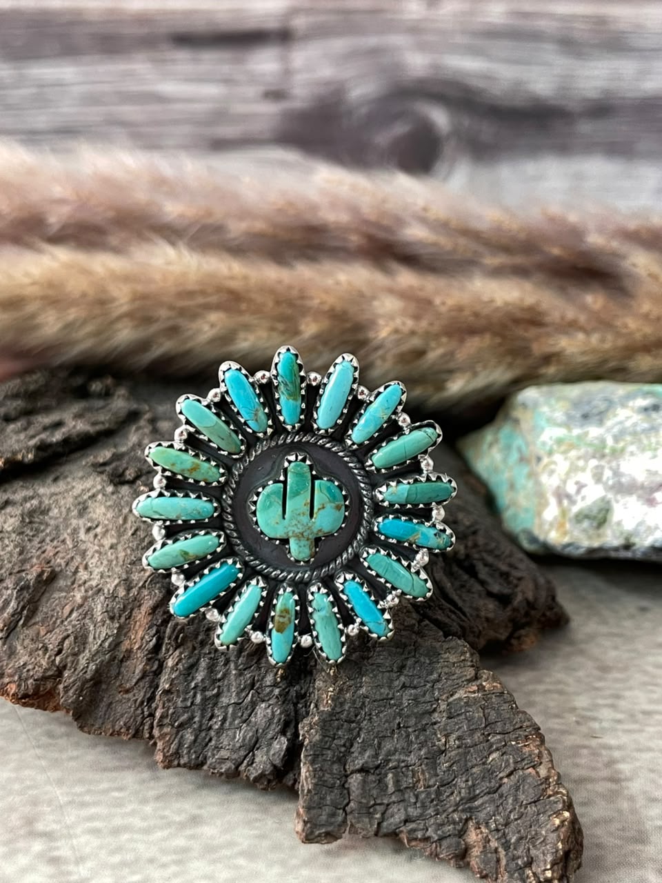 Handmade Sterling Silver Kingman Turquoise Cactus Adjustable Ring Signed Nizhoni