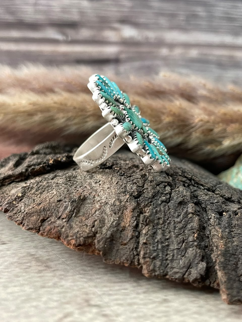 Handmade Sterling Silver Kingman Turquoise Cactus Adjustable Ring Signed Nizhoni