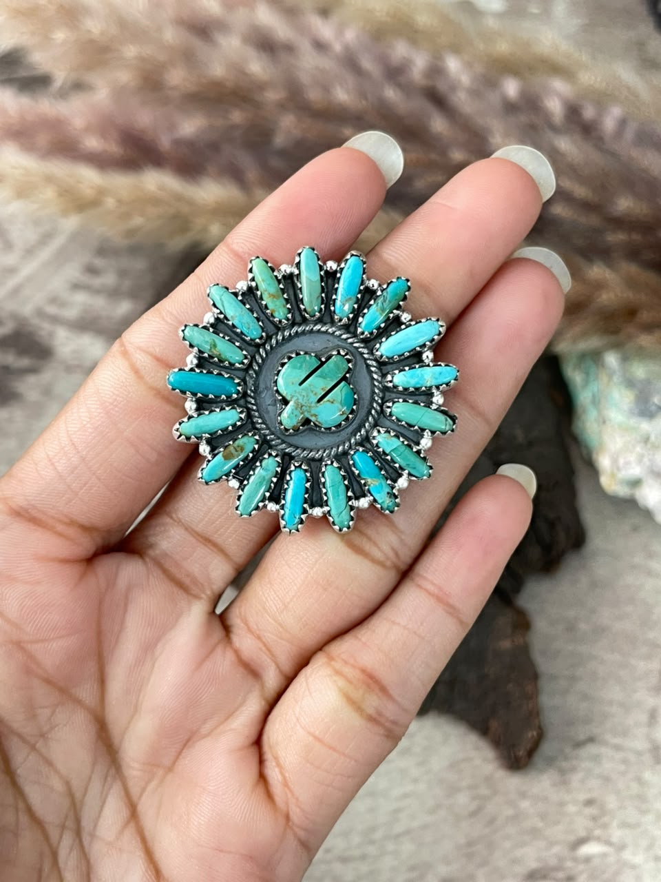 Handmade Sterling Silver Kingman Turquoise Cactus Adjustable Ring Signed Nizhoni