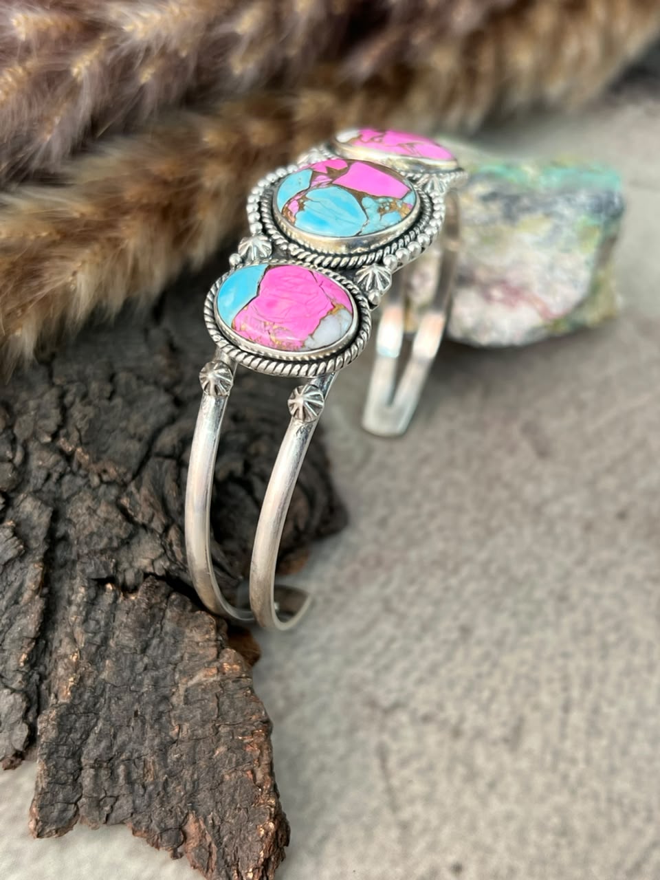 Handmade Sterling Silver Cotton Candy Cuff Bracelet Signed Nizhoni