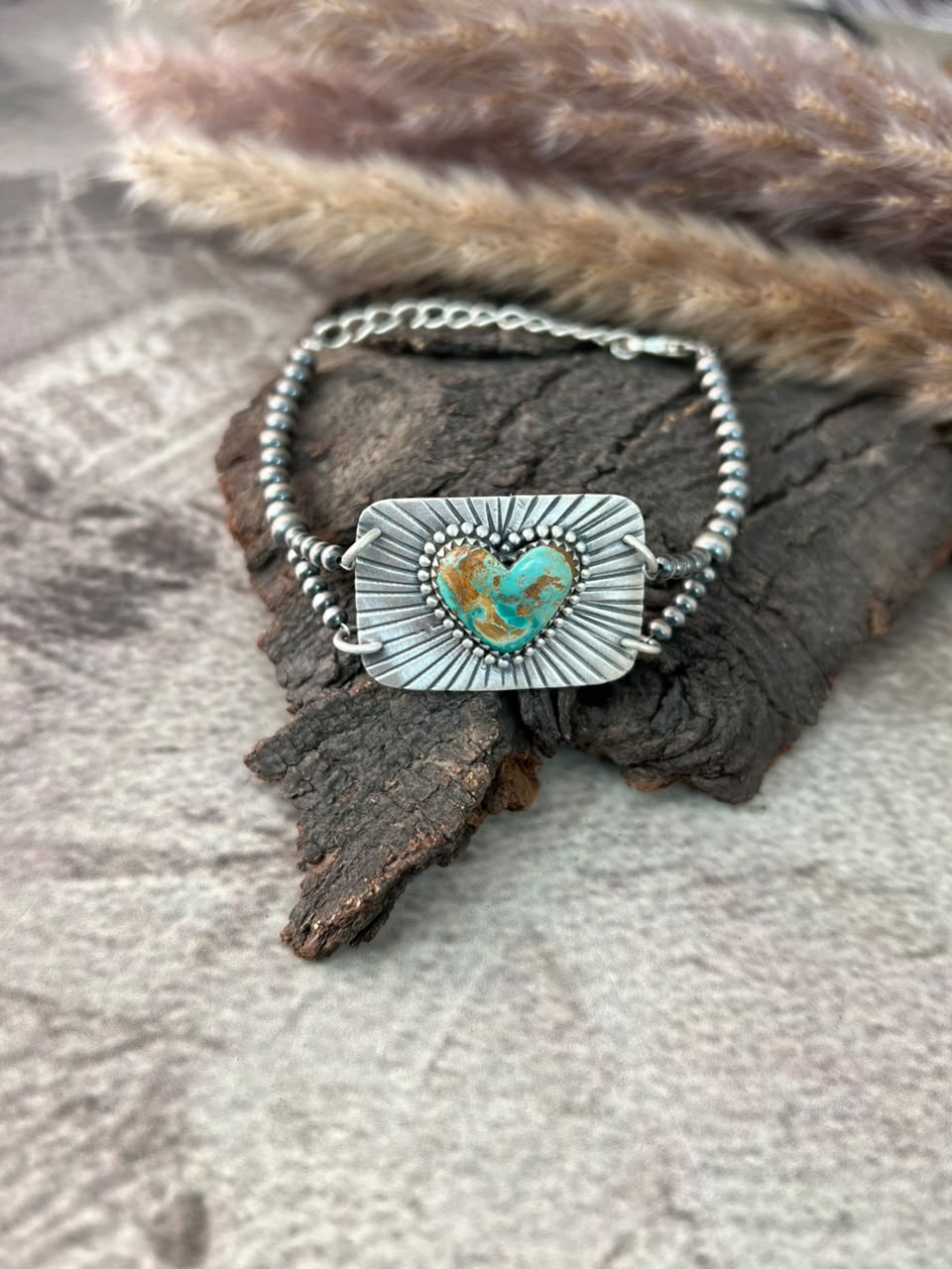 Handmade Sterling Silver Royston Ribbon Turquoise Heart Beaded Chain Bracelet Signed Nizhoni