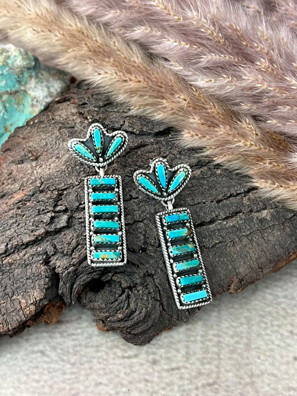 Handmade Sterling Silver Kingman Turquoise Post Dangle Earrings Signed Nizhoni