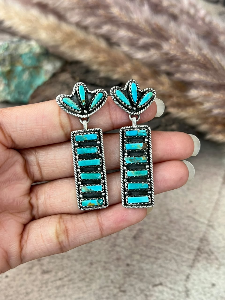 Handmade Sterling Silver Kingman Turquoise Post Dangle Earrings Signed Nizhoni