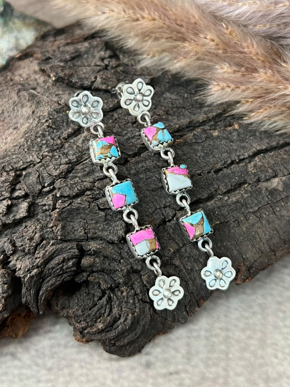 Handmade Sterling Silver Cotton Candy Post Dangle Earrings Signed Nizhoni