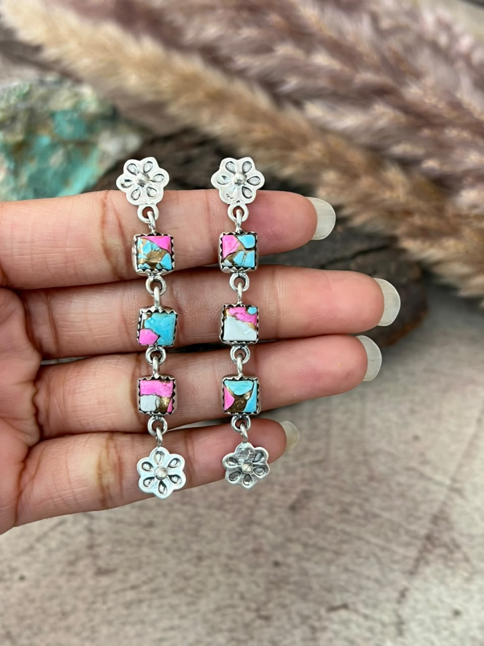 Handmade Sterling Silver Cotton Candy Post Dangle Earrings Signed Nizhoni
