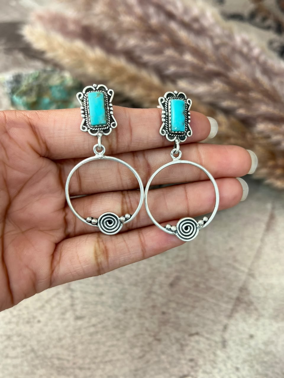 Handmade Sterling Silver Kingman Turquoise Post Dangle Earrings Signed Nizhoni