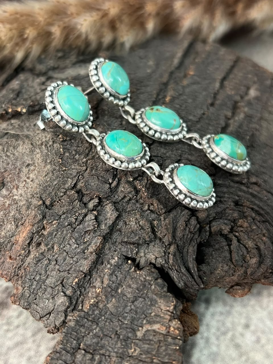 Handmade Sterling Silver Kingman Turquoise Post Dangle Earrings Signed Nizhoni