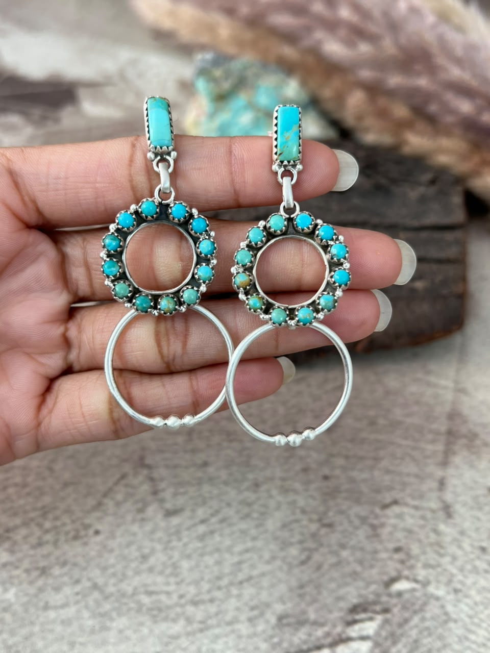 Handmade Sterling Silver Kingman Turquoise Post Dangle Earrings Signed Nizhoni