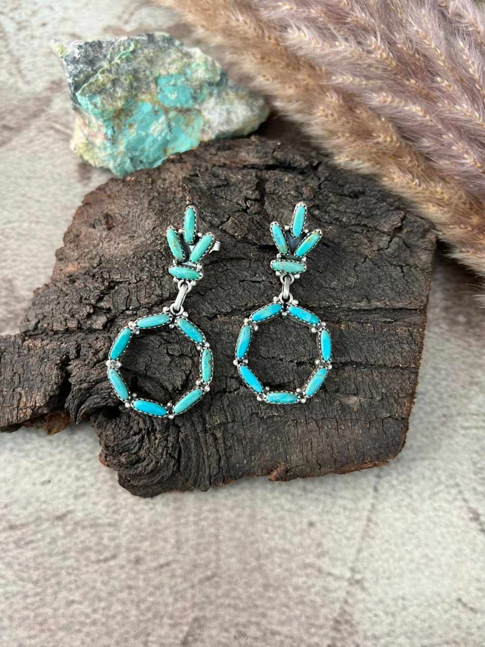 Handmade Sterling Silver Kingman Turquoise Post Dangle Earrings Signed Nizhoni