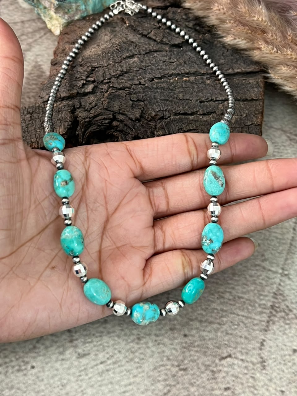 Handmade Sterling Silver Kingman Turquoise Beaded Necklace Signed Nizhoni