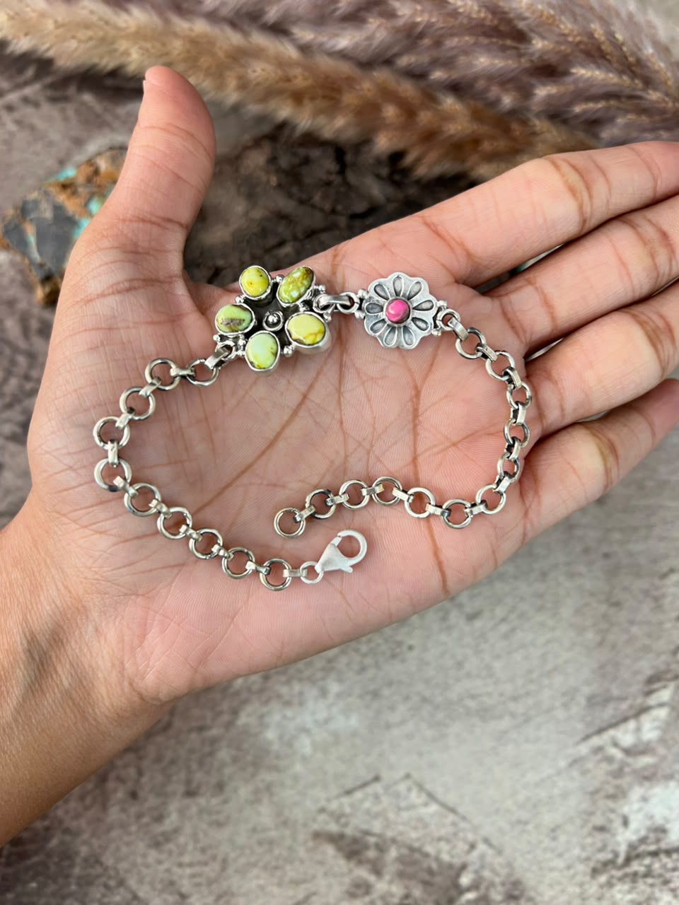 Handmade Sterling Silver Palomino Turquoise with Cotton Candy Chain Bracelet Signed Nizhoni