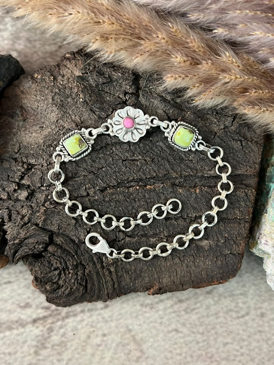 Handmade Sterling Silver Palomino Turquoise with Cotton Candy Chain Bracelet Signed Nizhoni