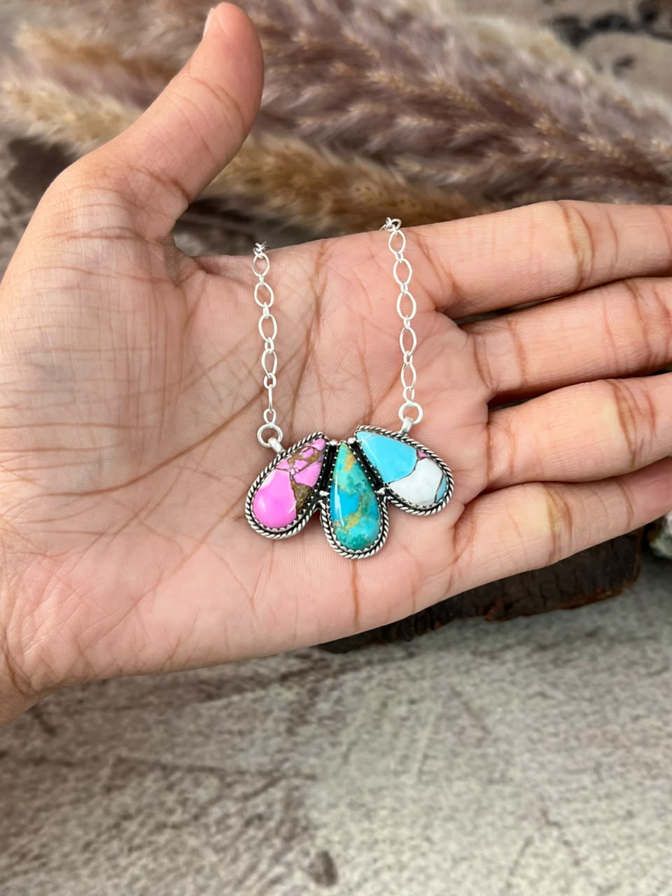 Handmade Sterling Silver Cotton Candy with Kingman Turquoise Necklace Signed Nizhoni