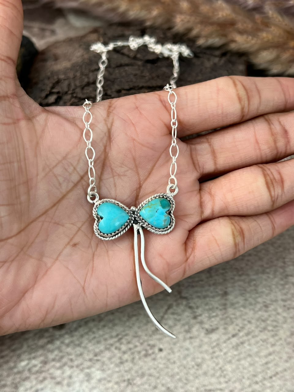 Handmade Sterling Silver Kingman Turquoise Bow Heart Necklace Signed Nizhoni