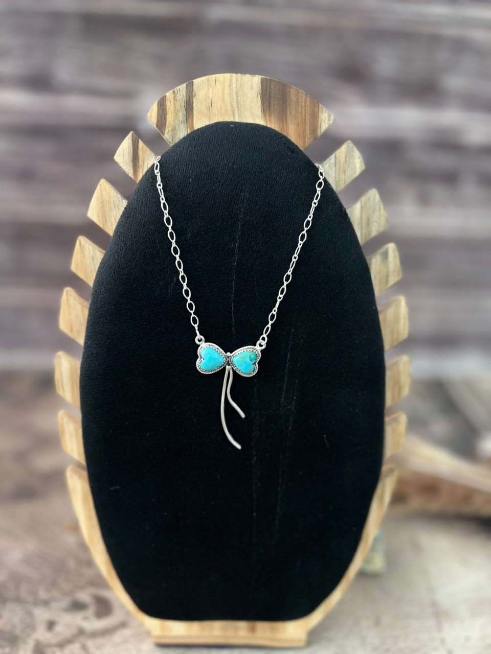 Handmade Sterling Silver Kingman Turquoise Bow Heart Necklace Signed Nizhoni