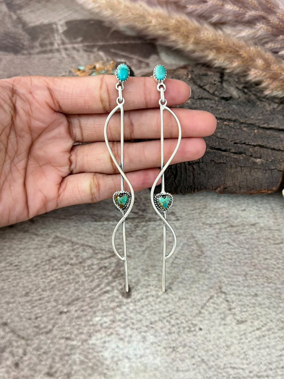 Handmade Sterling Silver Kingman Turquoise Post Dangle Heart Earrings Signed Nizhoni