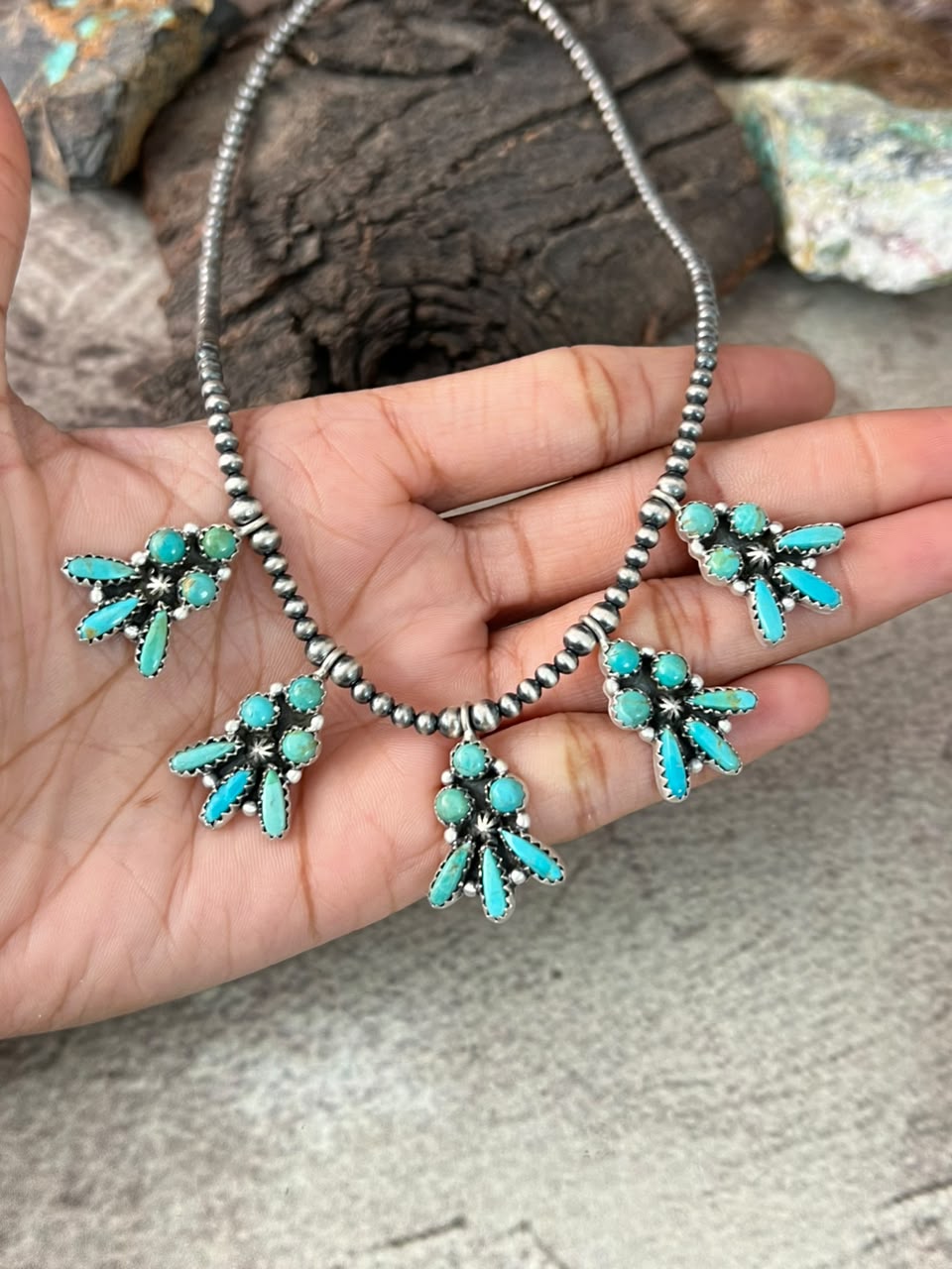 Handmade Sterling Silver Kingman Turquoise Beaded Necklace Signed Nizhoni