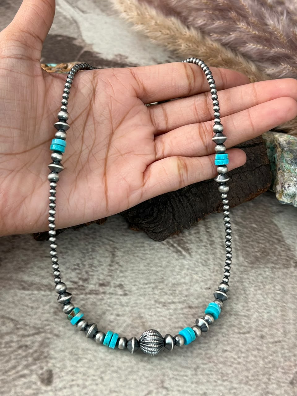 Handmade Sterling Silver Kingman Turquoise Beaded Necklace Signed Nizhoni