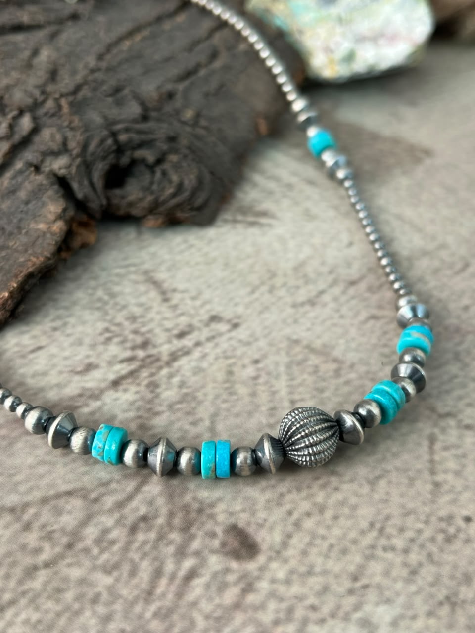 Handmade Sterling Silver Kingman Turquoise Beaded Necklace Signed Nizhoni
