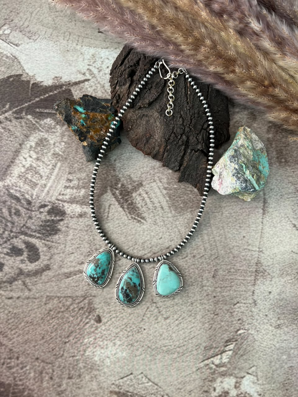 Handmade Sterling Silver Campitos Turquoise Collection: Beaded Necklace Signed Nizhoni