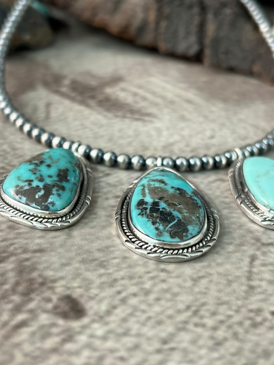 Handmade Sterling Silver Campitos Turquoise Collection: Beaded Necklace Signed Nizhoni