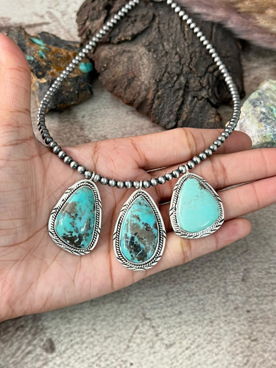 Handmade Sterling Silver Campitos Turquoise Collection: Beaded Necklace Signed Nizhoni