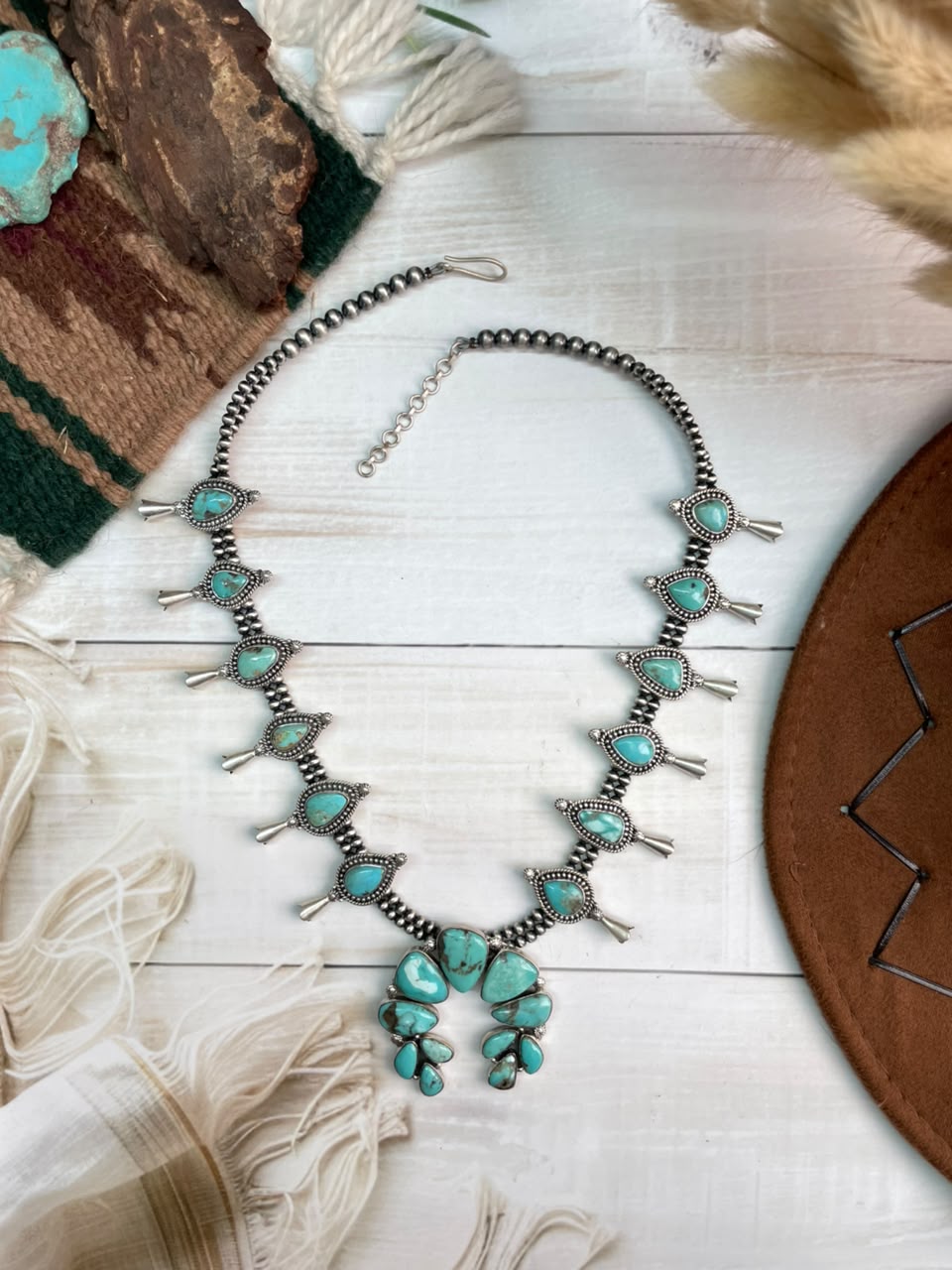 Handmade Sterling Silver Campitos Turquoise Collection: Naja Squash Blossom Beaded Necklace Signed Nizhoni