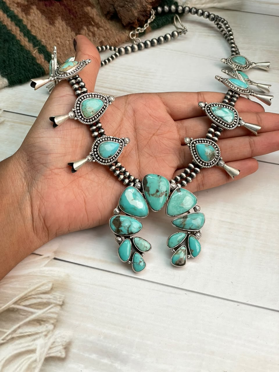 Handmade Sterling Silver Campitos Turquoise Collection: Naja Squash Blossom Beaded Necklace Signed Nizhoni