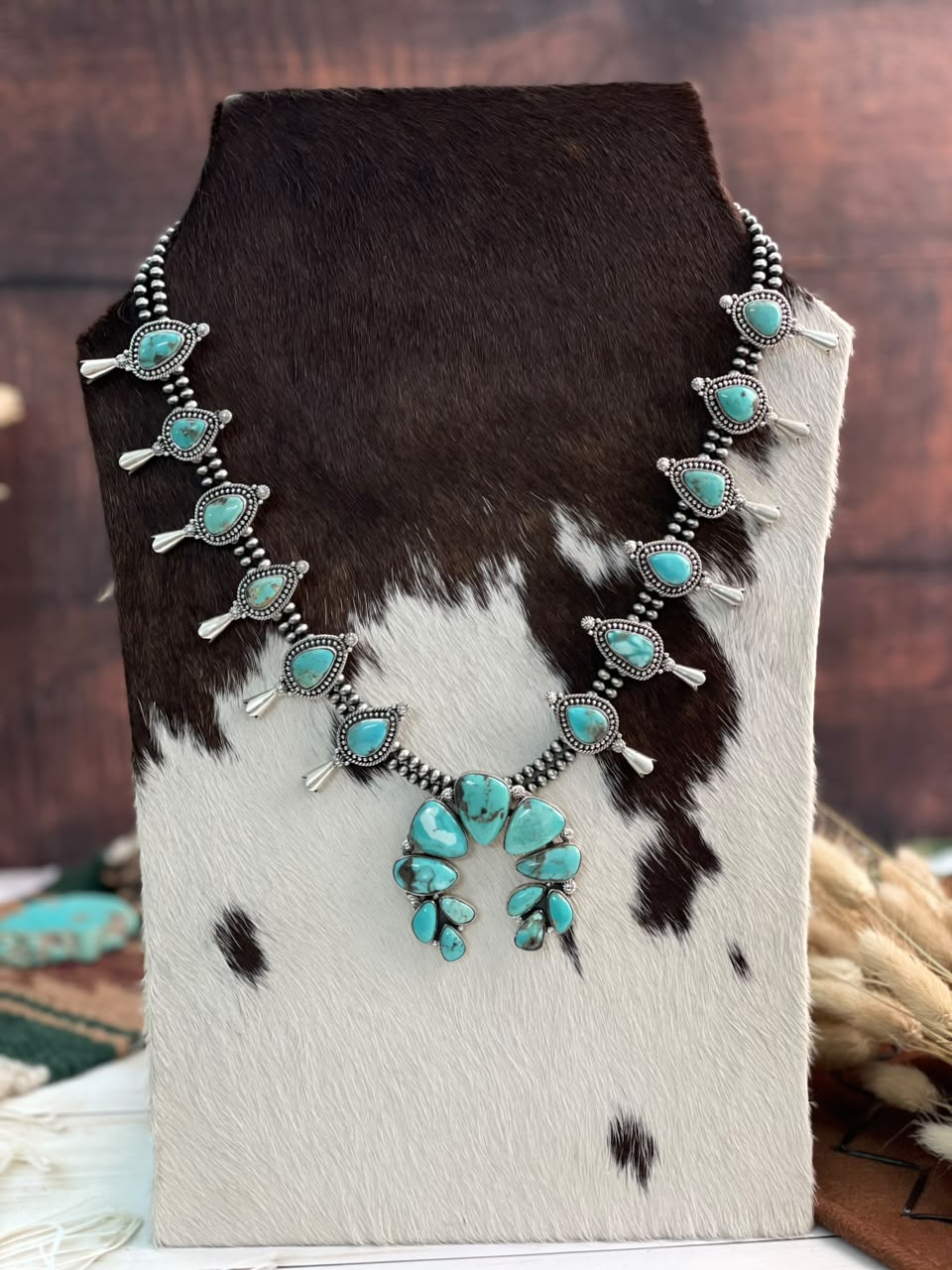 Handmade Sterling Silver Campitos Turquoise Collection: Naja Squash Blossom Beaded Necklace Signed Nizhoni