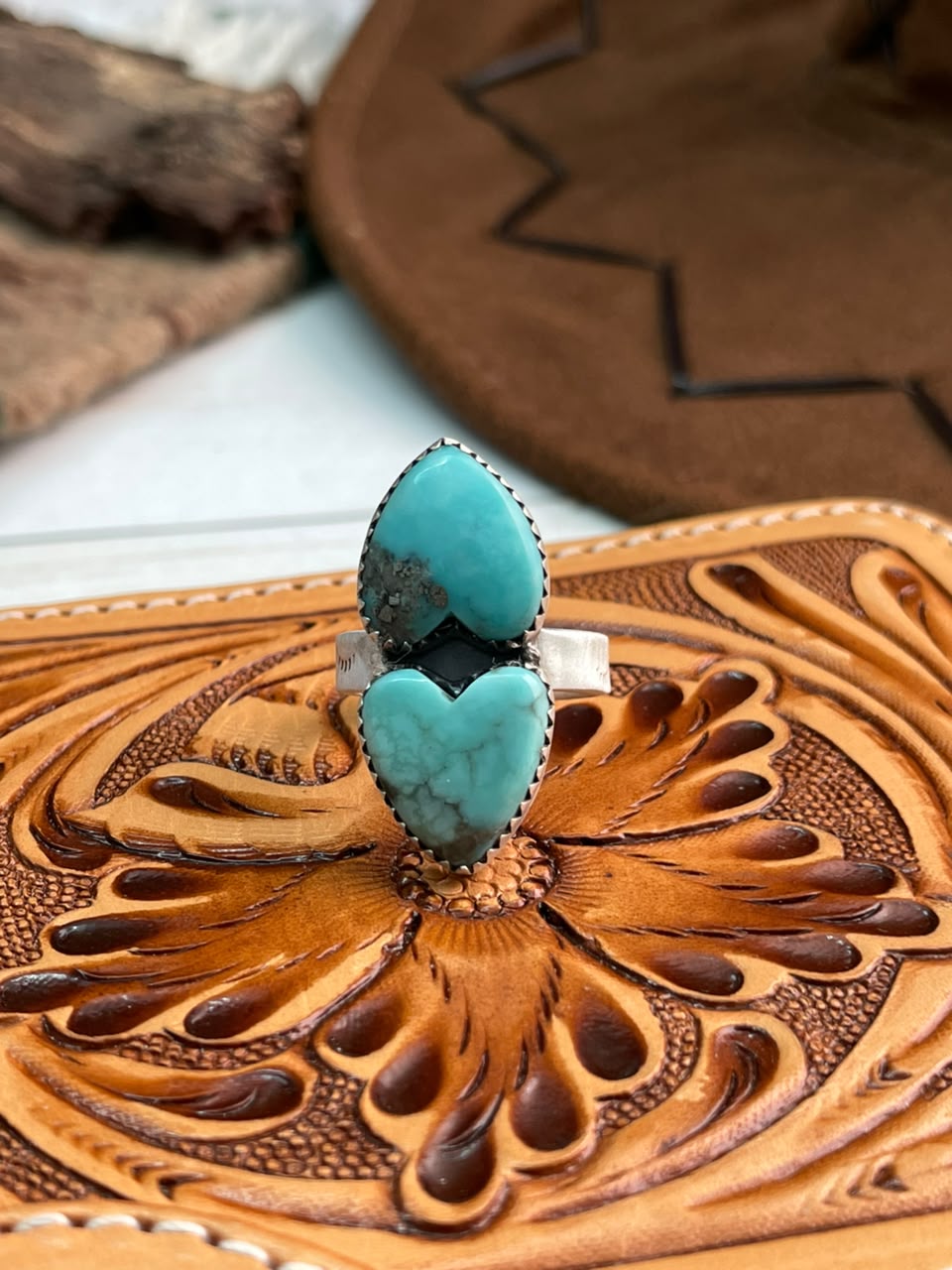 Handmade Sterling Silver Campitos Turquoise Collection: Heart Adjustable Ring Signed Nizhoni