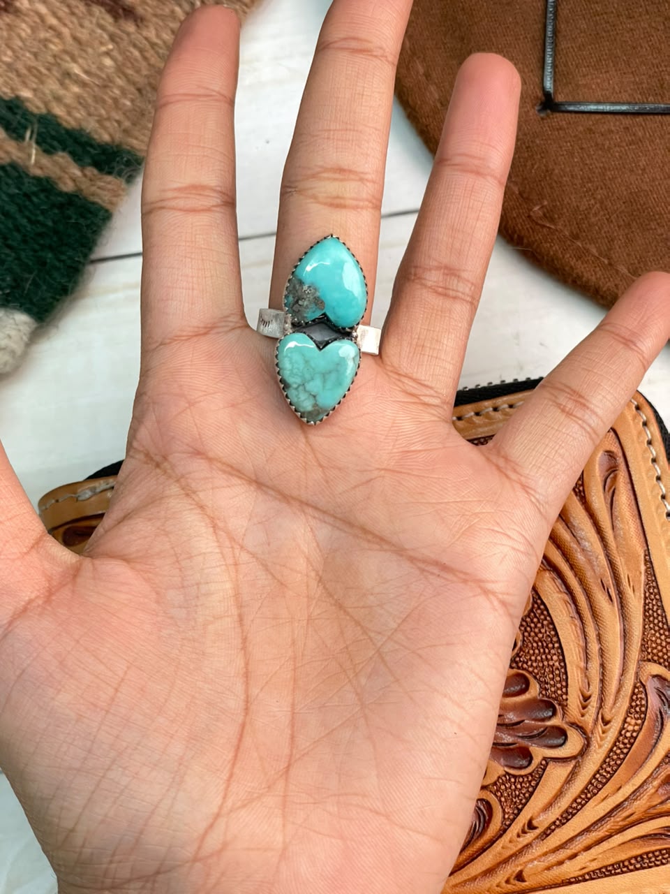 Handmade Sterling Silver Campitos Turquoise Collection: Heart Adjustable Ring Signed Nizhoni