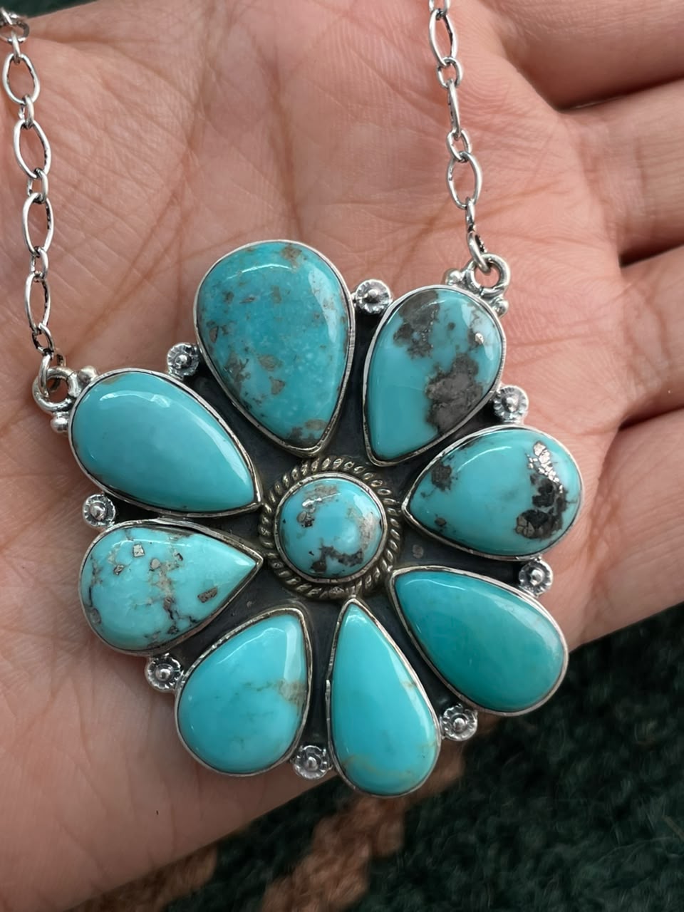 Handmade Sterling Silver Campitos Turquoise Collection: Necklace Signed Nizhoni