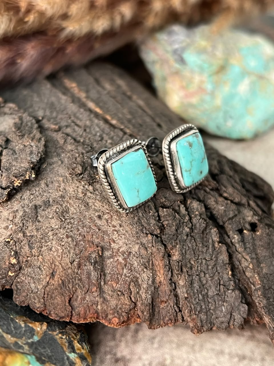 Handmade Sterling Silver Campitos Turquoise Collection: Post Studs Earrings Signed Nizhoni