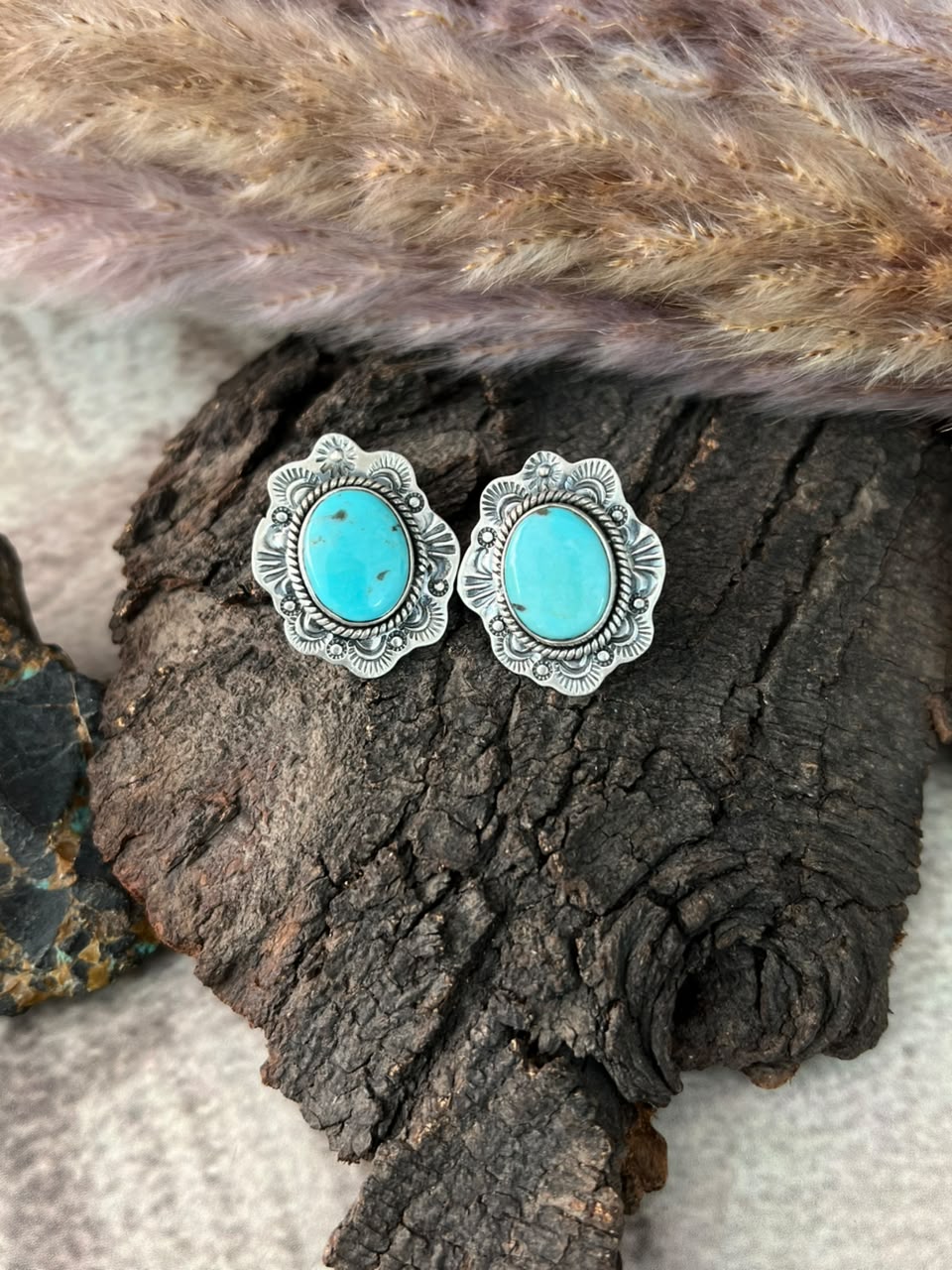 Handmade Sterling Silver Campitos Turquoise Collection: Post Studs Earrings Signed Nizhoni