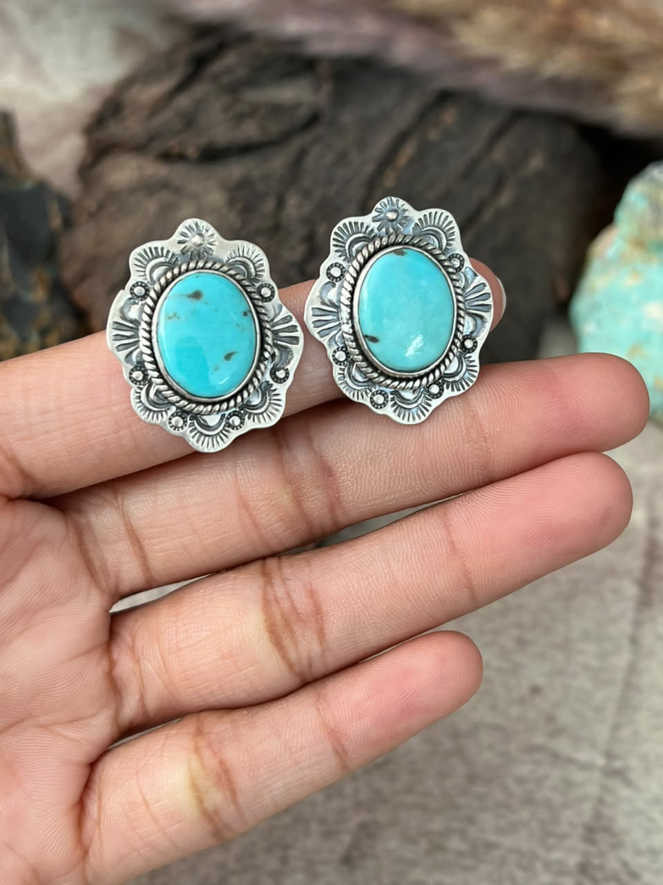 Handmade Sterling Silver Campitos Turquoise Collection: Post Studs Earrings Signed Nizhoni
