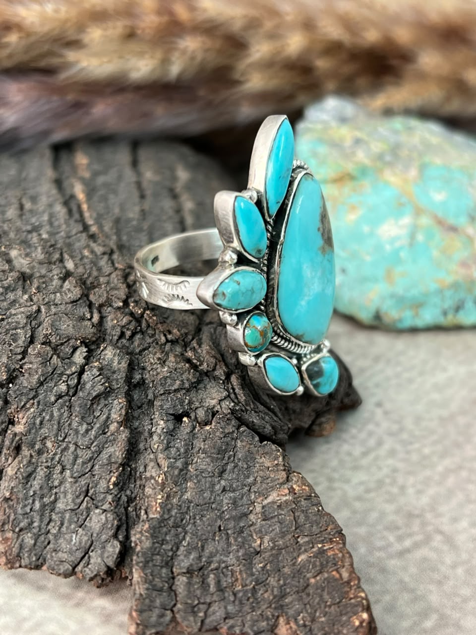 Handmade Sterling Silver Campitos Turquoise Collection: Adjustable Ring Signed Nizhoni