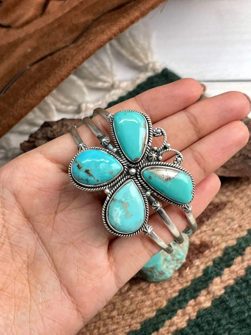 Handmade Sterling Silver Campitos Turquoise Collection: Butterfly Cuff Bracelet Signed Nizhoni