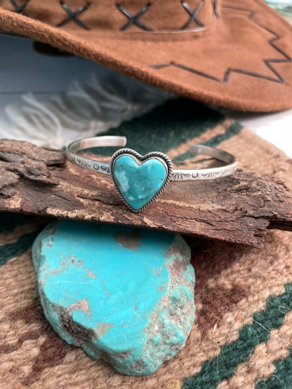 Handmade Sterling Silver Campitos Turquoise Collection: Heart Cuff Bracelet Signed Nizhoni