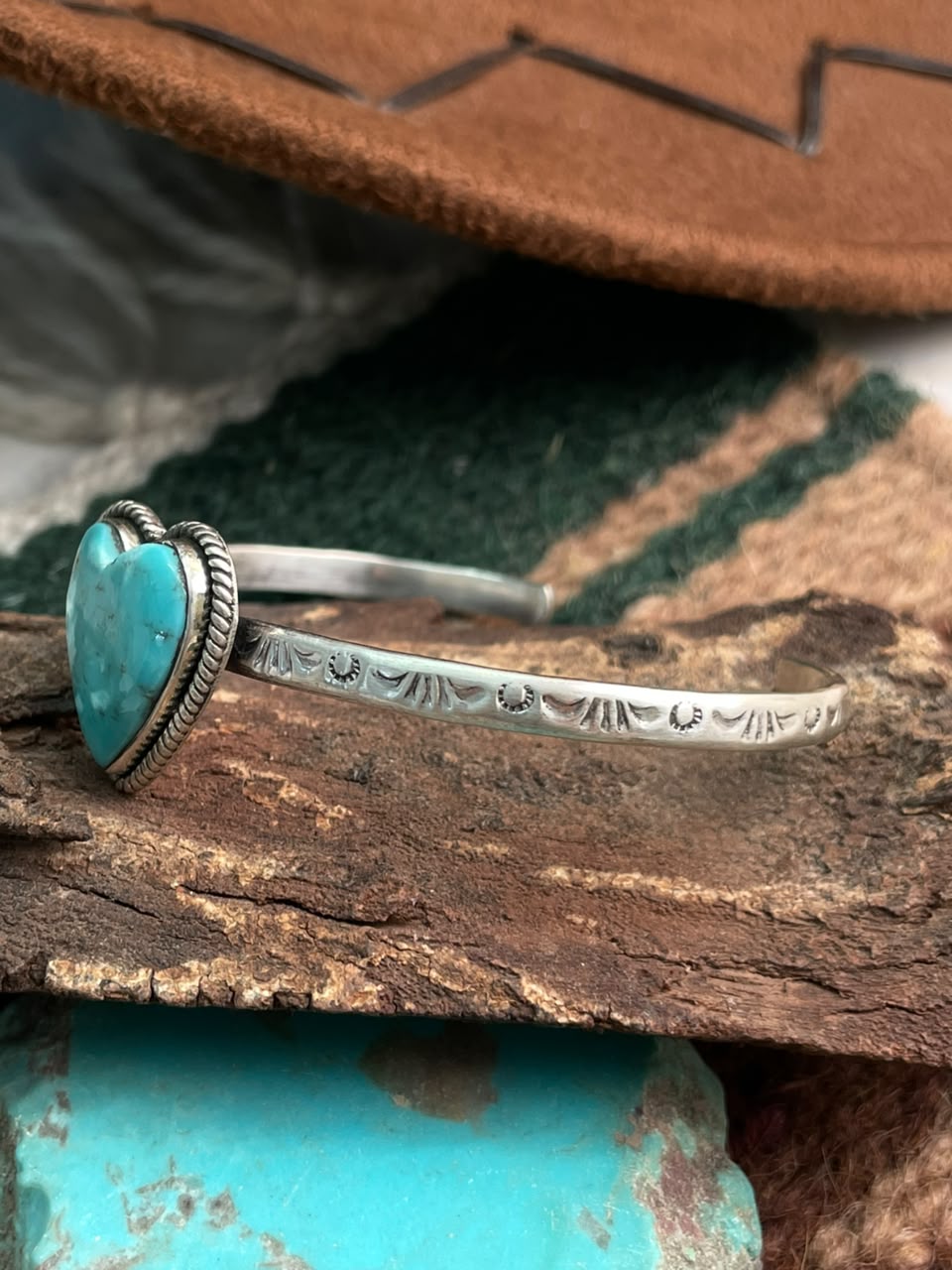 Handmade Sterling Silver Campitos Turquoise Collection: Heart Cuff Bracelet Signed Nizhoni