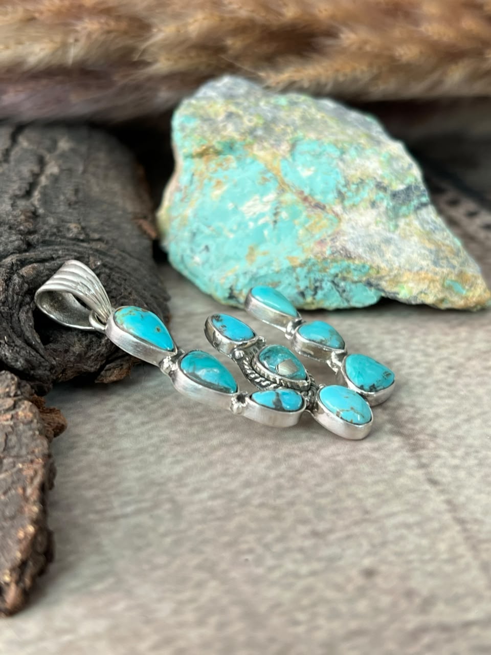 Handmade Sterling Silver Campitos Turquoise Collection: Cactus Pendant Signed Nizhoni