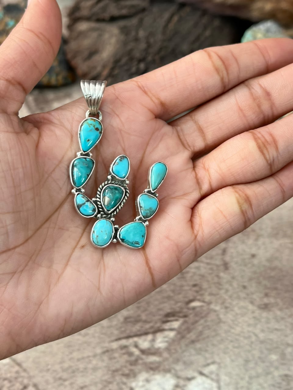 Handmade Sterling Silver Campitos Turquoise Collection: Cactus Pendant Signed Nizhoni