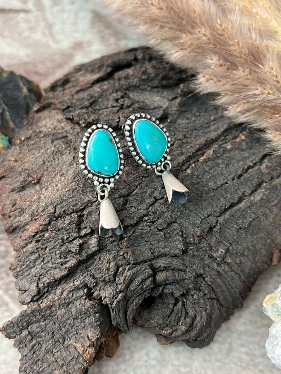 Handmade Sterling Silver Campitos Turquoise Collection: Post Dangle Squash Blossom Earrings Signed Nizhoni