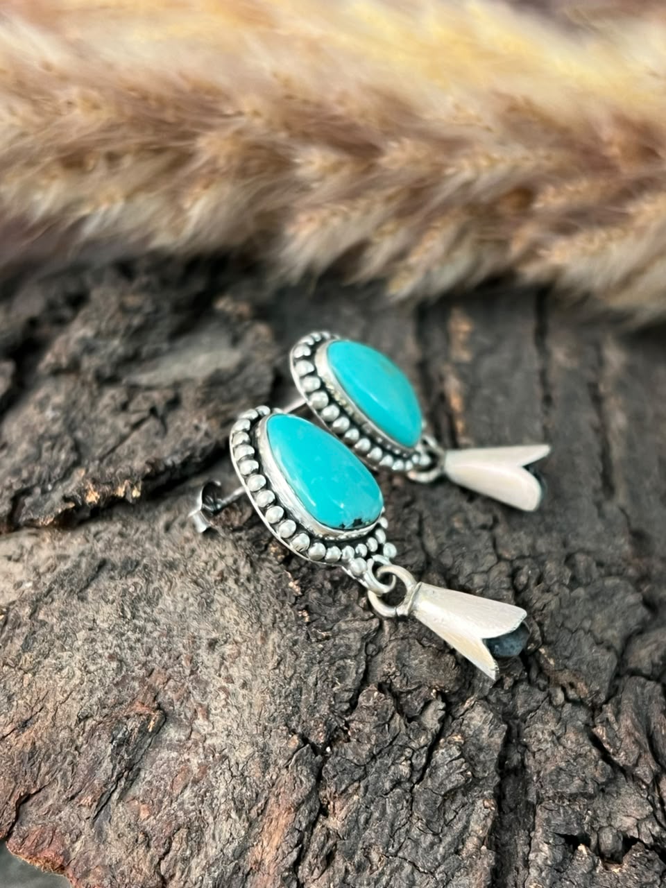 Handmade Sterling Silver Campitos Turquoise Collection: Post Dangle Squash Blossom Earrings Signed Nizhoni