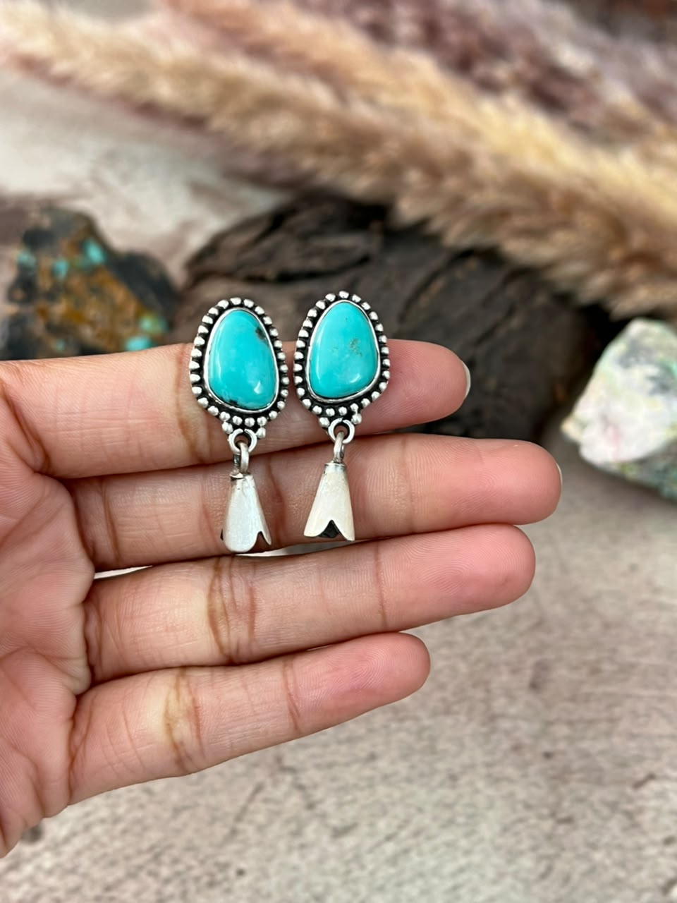 Handmade Sterling Silver Campitos Turquoise Collection: Post Dangle Squash Blossom Earrings Signed Nizhoni