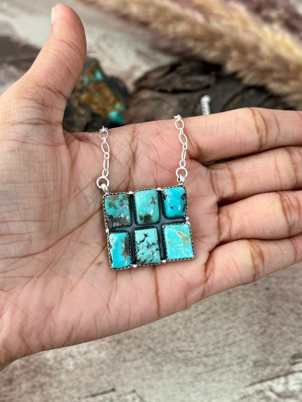 Handmade Sterling Silver Campitos Turquoise Collection: Necklace Signed Nizhoni