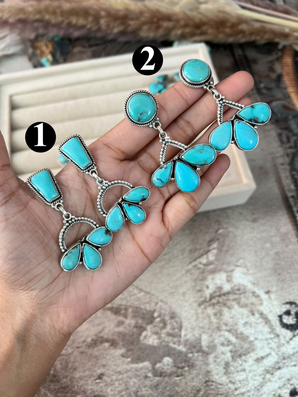 Handmade Sterling Silver Campitos Turquoise Collection: Post Dangle Earrings Signed Nizhoni