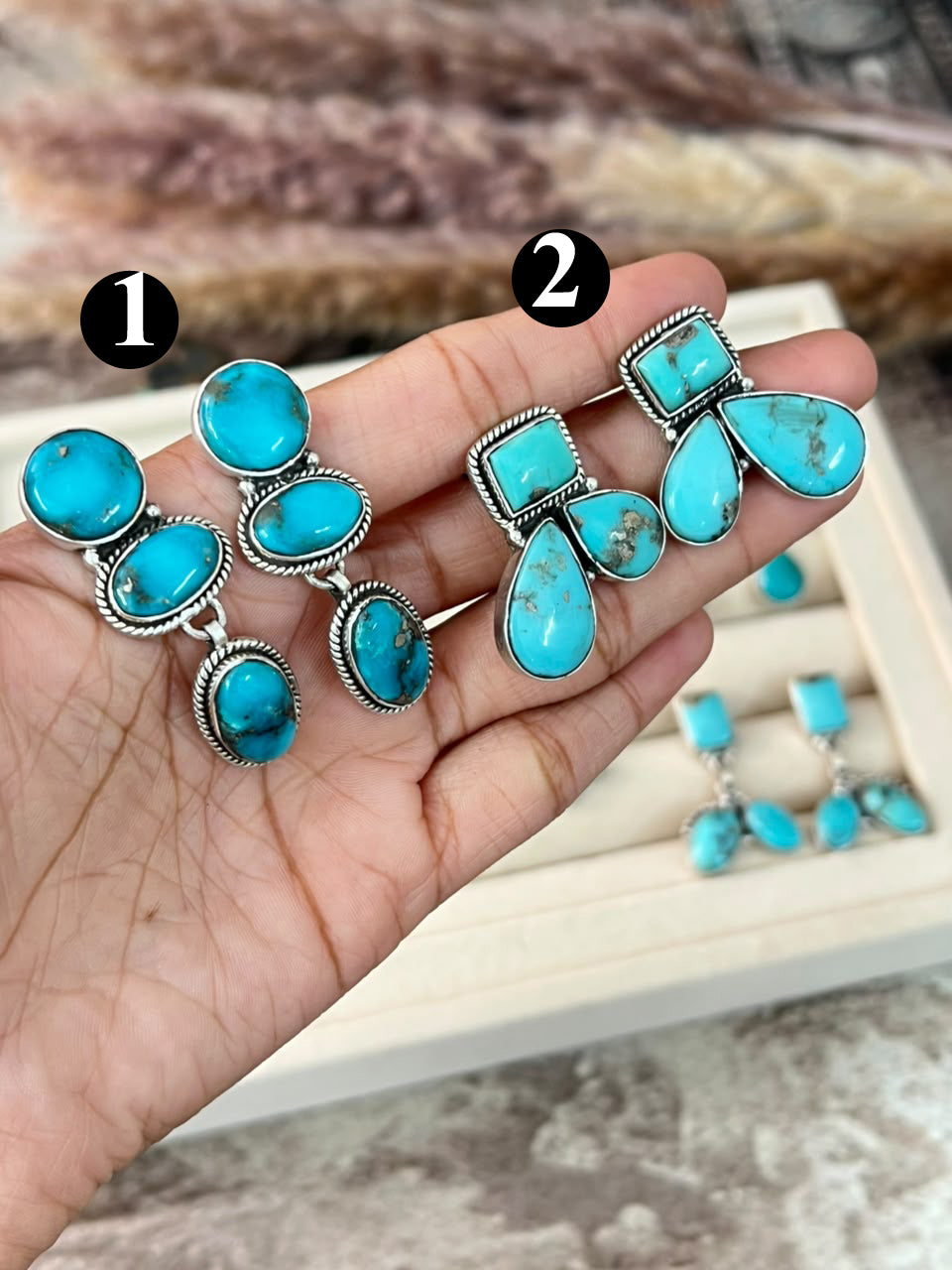 Handmade Sterling Silver Campitos Turquoise Collection: Post Dangle/Studs Earrings Signed Nizhoni